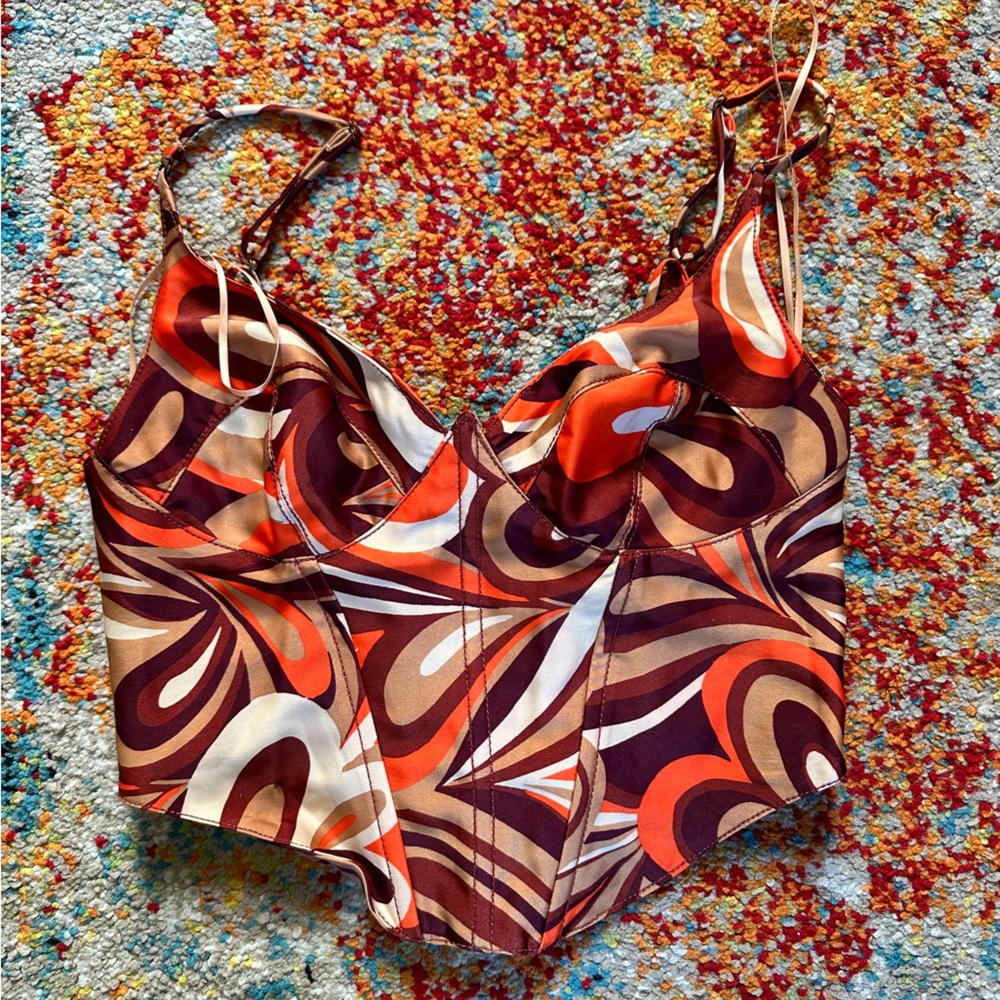 70s Inspired Faux Satin Crop Top with Corset Detailing